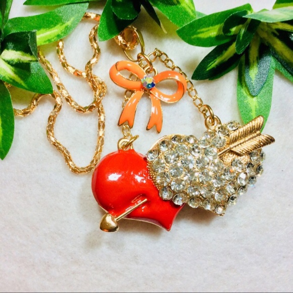 Whimsical Fun Necklace Jeweled & Enameled “Love Hearts” Pendant on 28”L Chain